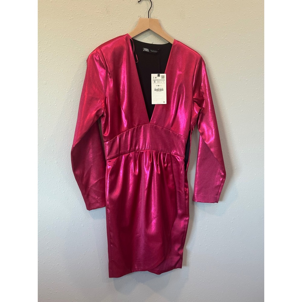Zara Metallic Mini Dress Womens Small Pink V-Neck Long Sleeve Party Glam (Flaw) - Picture 4 of 16